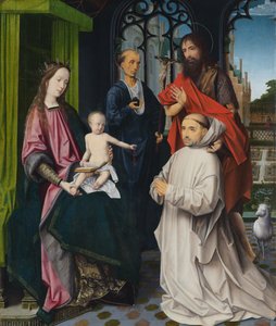 Jomfruen og barnet troner, med St. Jerome og Johannes døperen og en knelende karthusisk munk